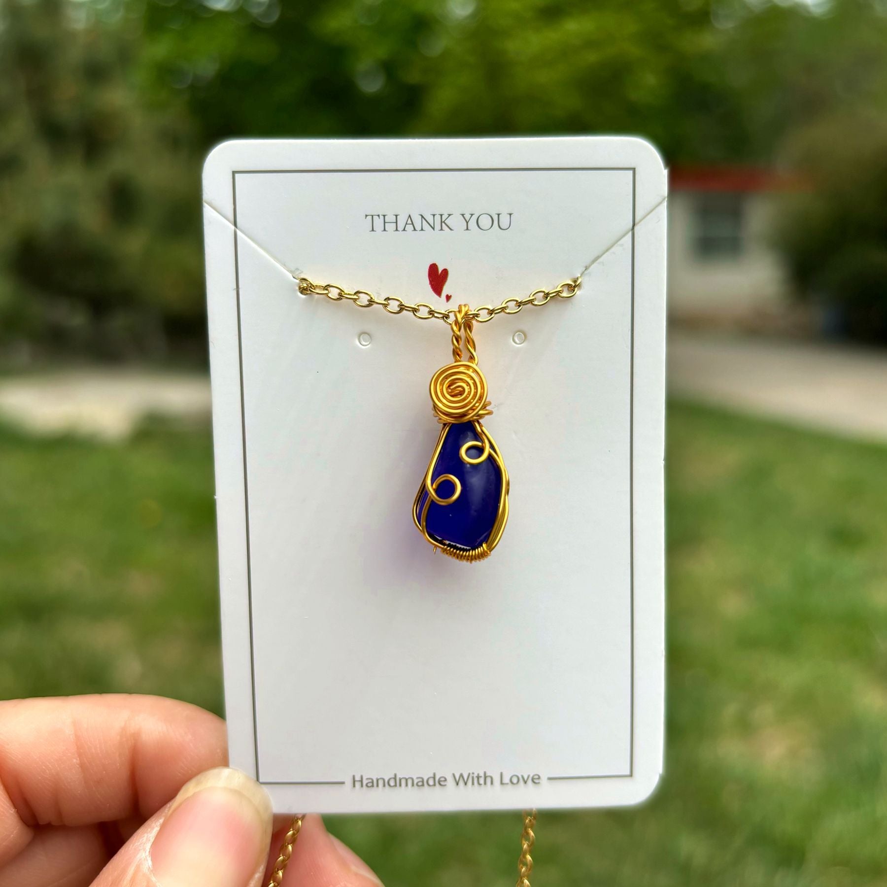 Wholesale Hand Wound Sea Glass Blue Necklace Pendant Crystal Natural Stone Crystal Mesh Bag ACC-NE-RongGuan012