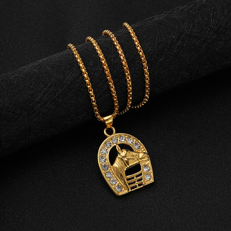 Wholesale  zinc alloy gold plated diamond horse head pendant necklace