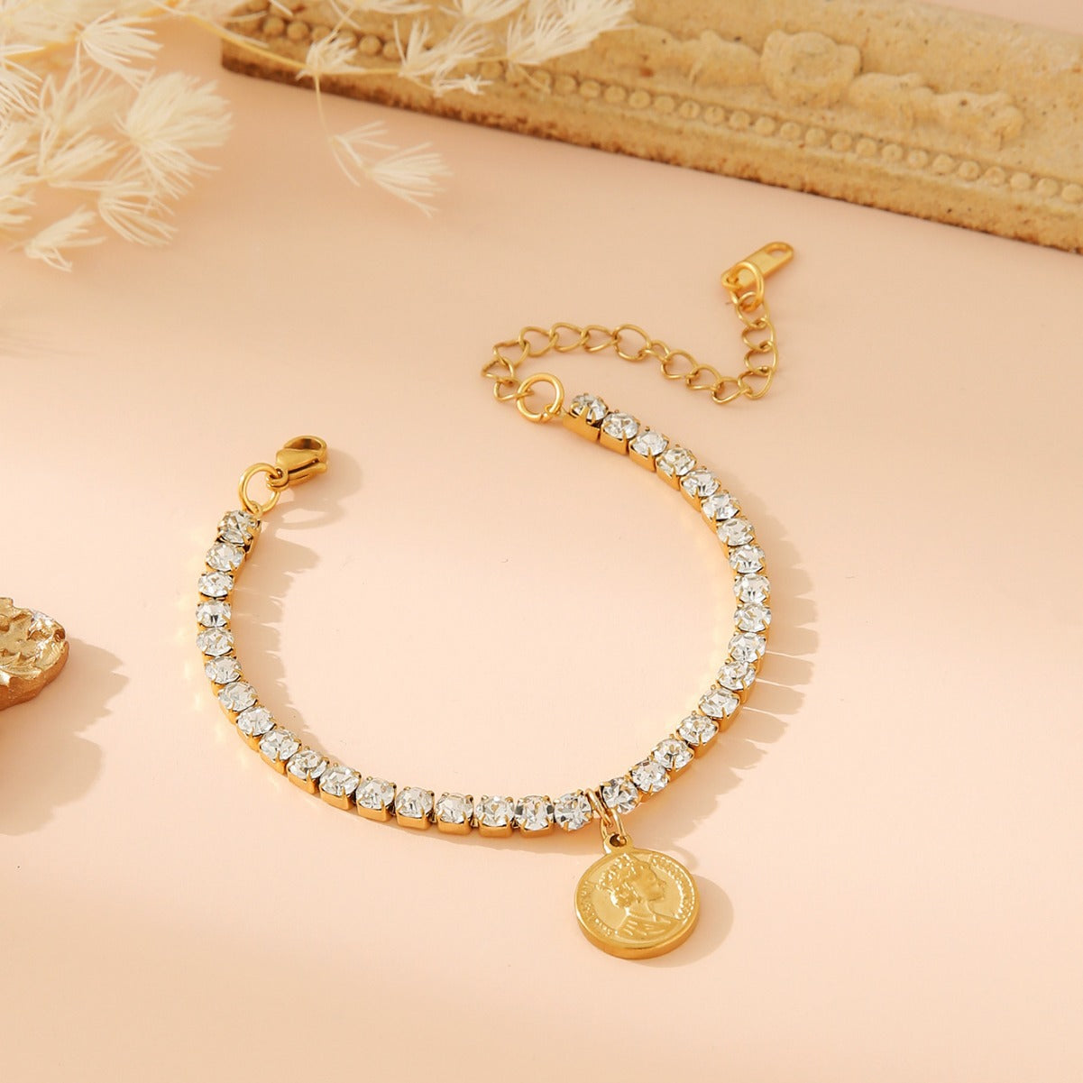 Wholesale  stainless steel cross leaves diamond round tag bracelet