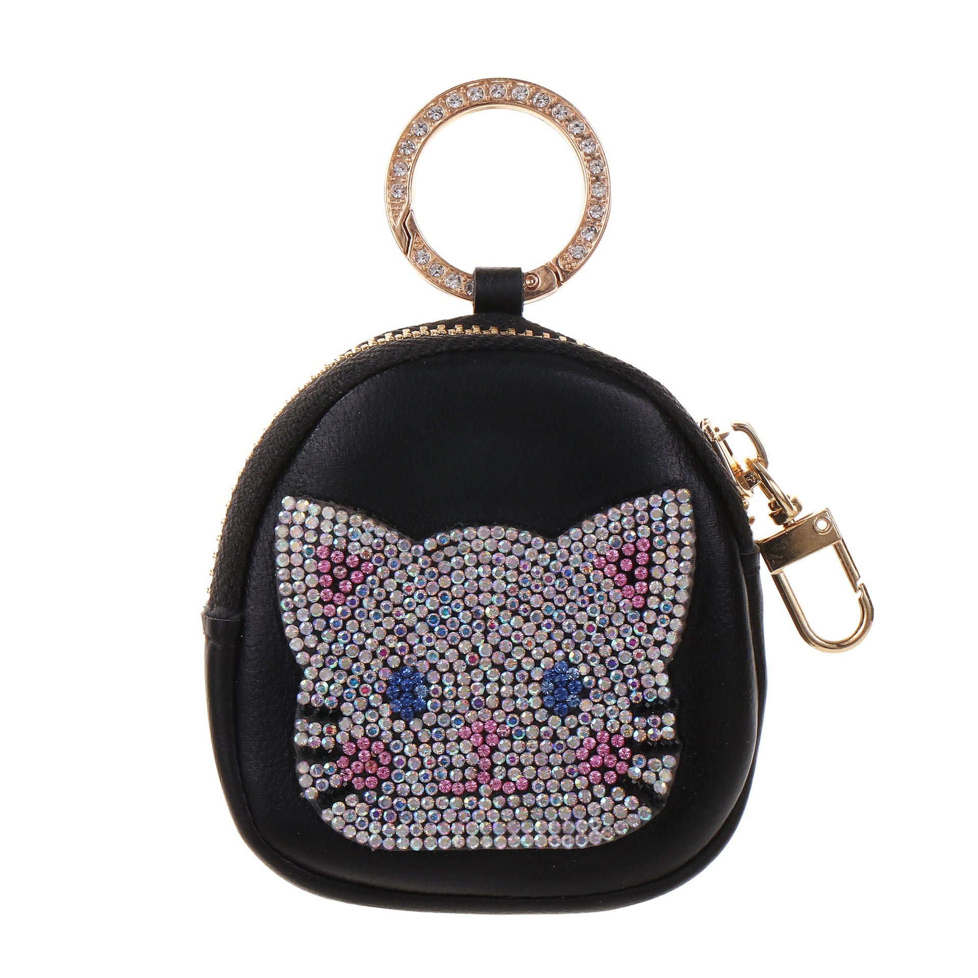 Wholesale Cute Cat Faux Leather Keychain Zipper Pouch Rhinestone Embellished Pink Trendy Wedding Gift Boutique Resale Accessory