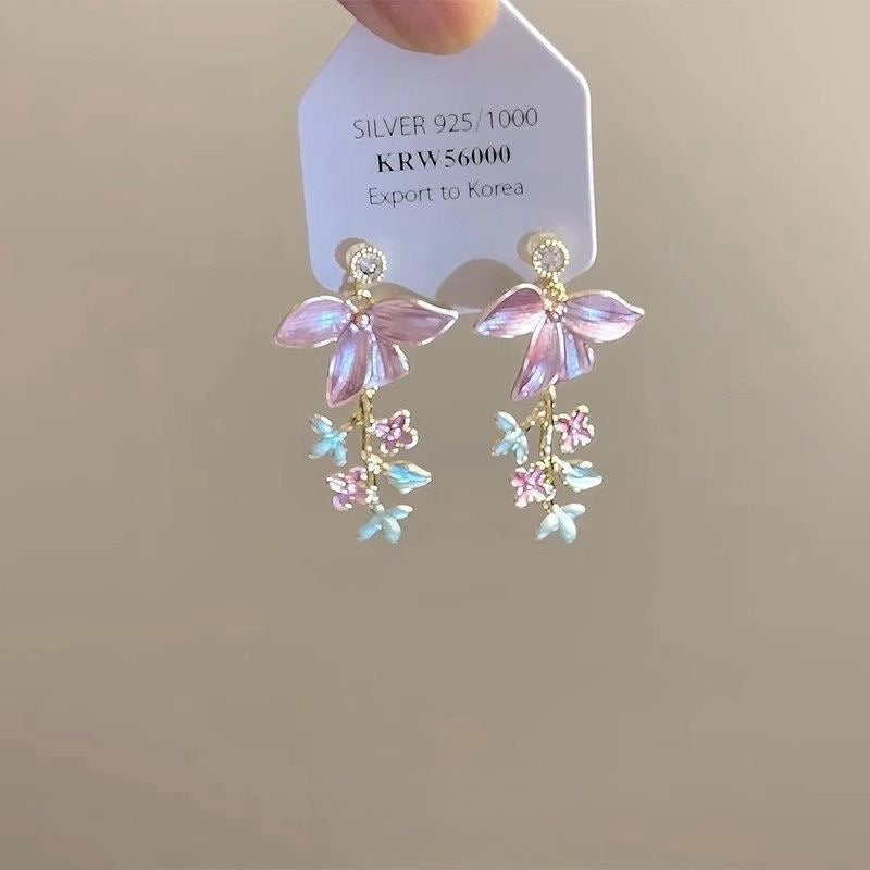 Wholesale Blue Retro Glaze Rose Flower Zircon Earrings