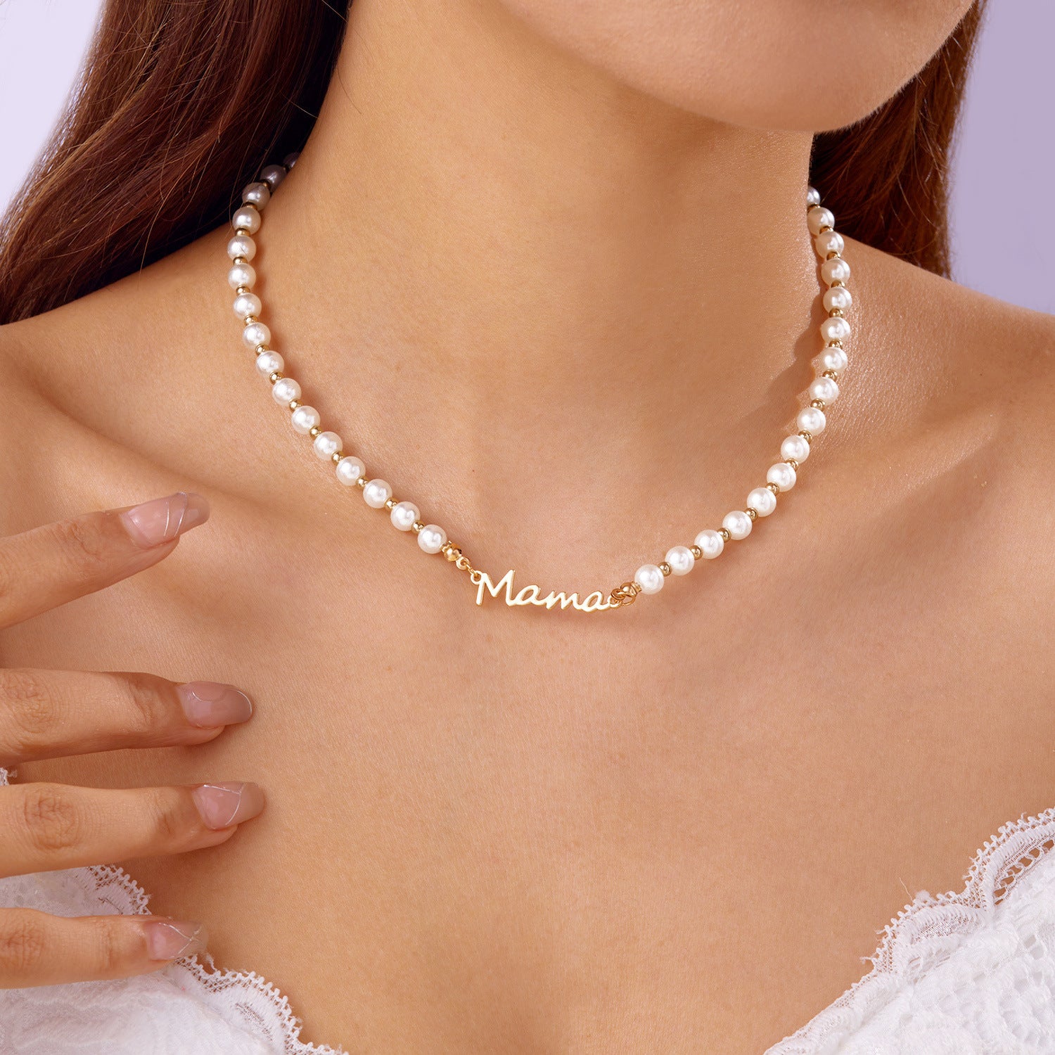 Wholesale Mother's Day Letters Mama Pearl Necklace Bracelet suit