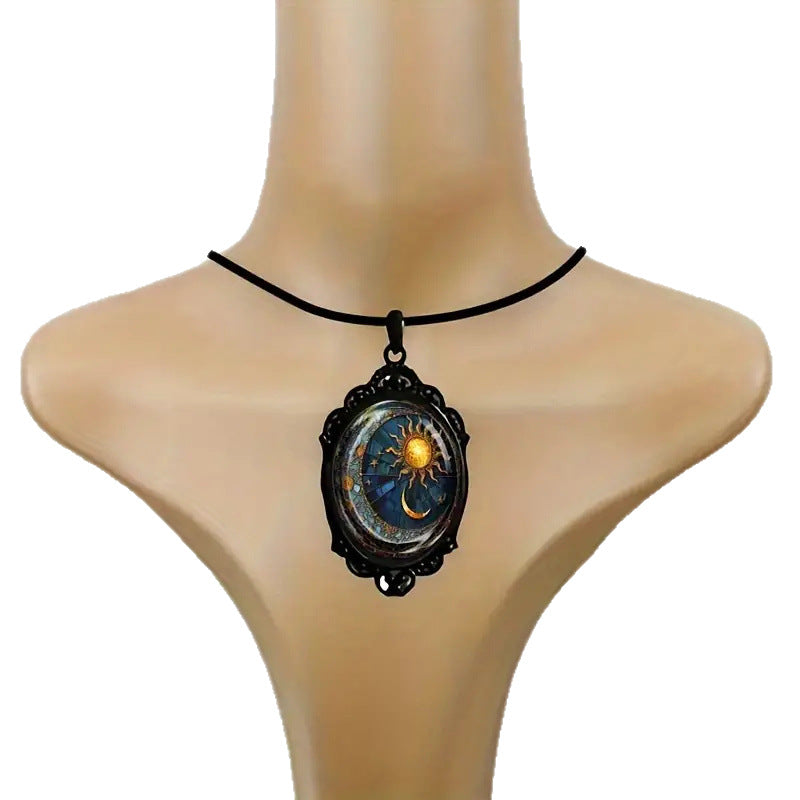 Wholesale Oval Glass Pendant Necklace Sun Moon Black Frame Jewelry Accessory