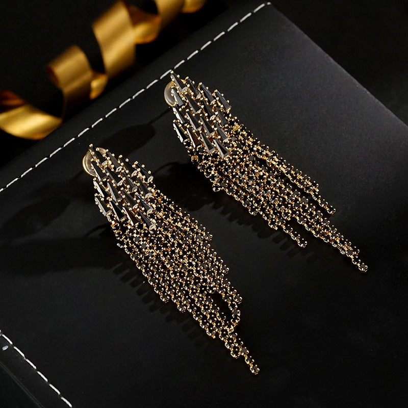 Wholesale 925 Silver Needle Light Luxury Geometric Zircon Long Tassel Earrings