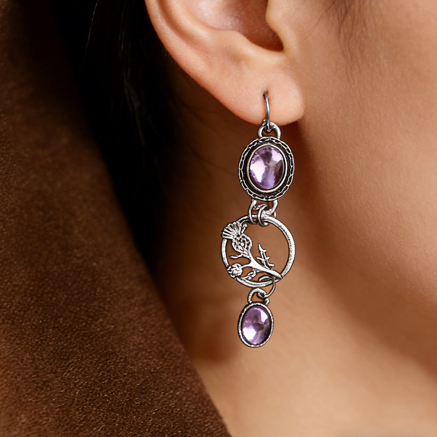 Wholesale European and American Fashion Noble and Mysterious Purple Gemstone Pendant Geometric Branch Circle Earrings Elegant Vintage Earrings