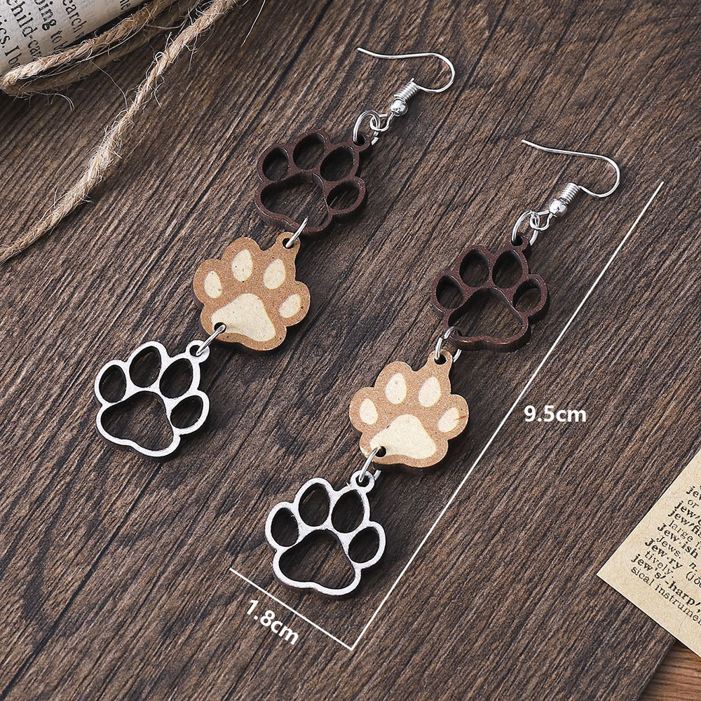 Wholesale  cat Paw Hollow footprint  double-sided wooden earrings