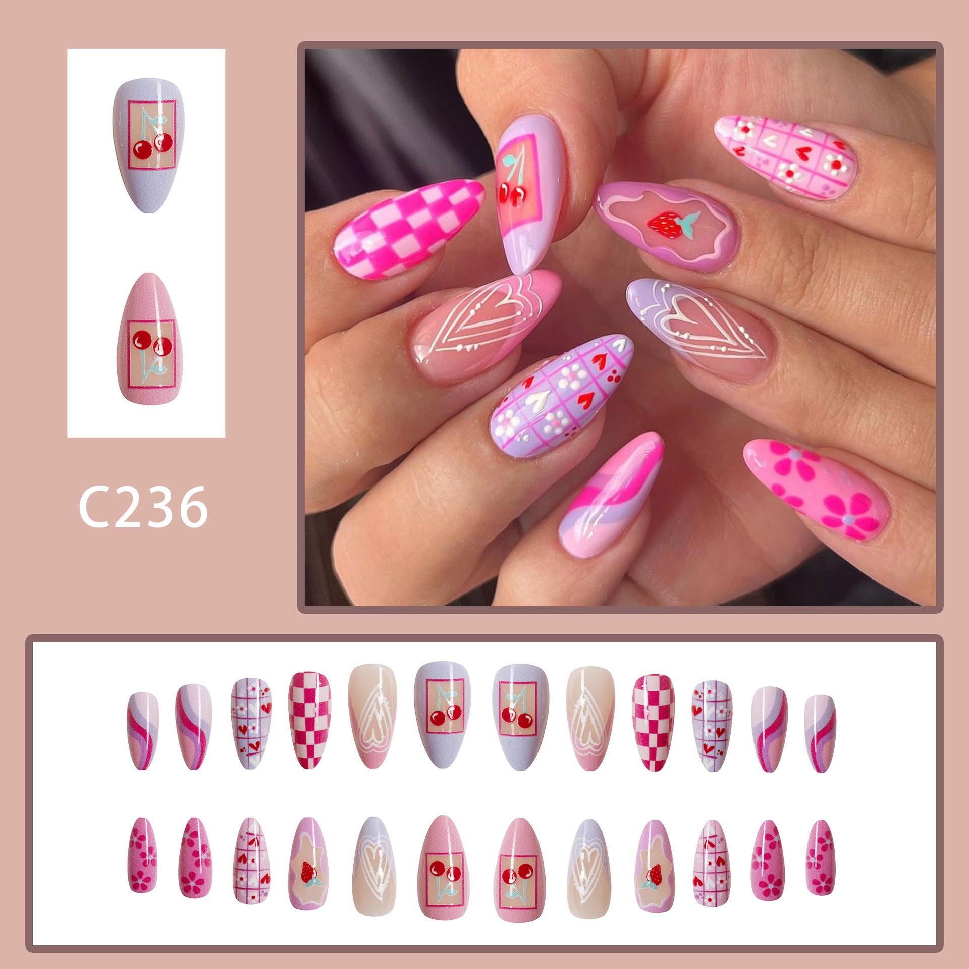 Wholesale 24 Pieces/box Glossy Pink Love Plaid Manicure Press-on Nails Kits ACC-NS-GuaiXL008