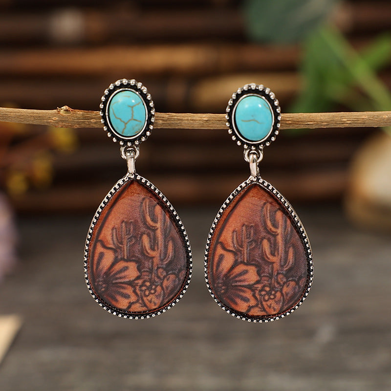 Wholesale  retro ethnic style drop-shaped brown turquoise alloy earrings