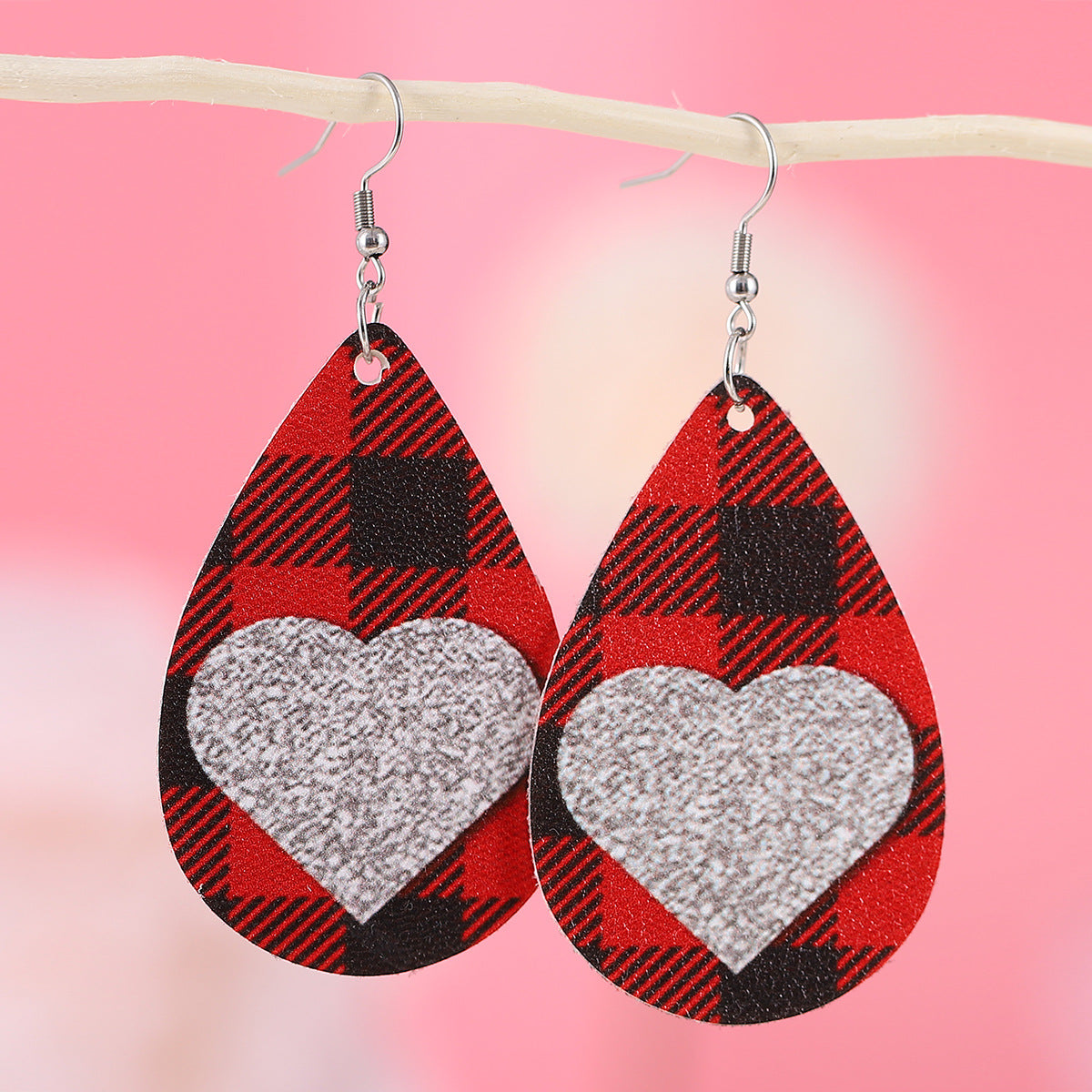 Wholesale Valentine's Day Plaid Love Water Drop Leather Double Sided Earrings