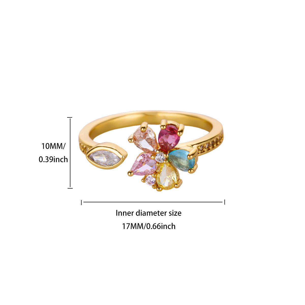 Wholesale Gold Plated Heart Shape Open Ring with Multicolor Zircon - Boutique Resale Jewelry Accessory