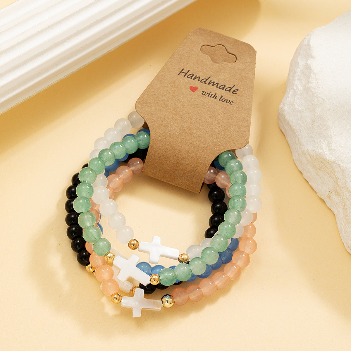 Wholesale Natural shell cross copper beads glass beads multi-piece elastic bracelet