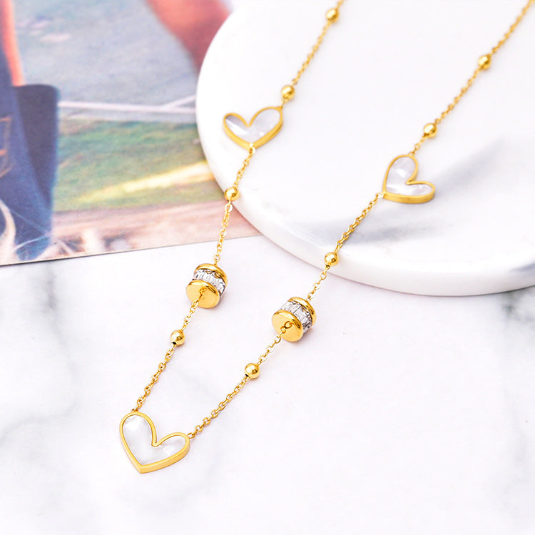 Wholesale Titanium Steel  small waist zircon necklace white shell love clavicle chain