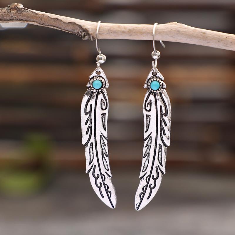 Wholesale  retro ethnic style feather turquoise earrings