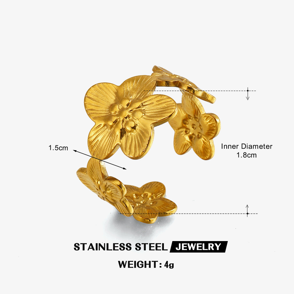 Wholesale Stainless Steel Floral Open Ring - Trendy European Style Jewelry for Women,  Everyday Gift or Boutique Resale ACCVIP