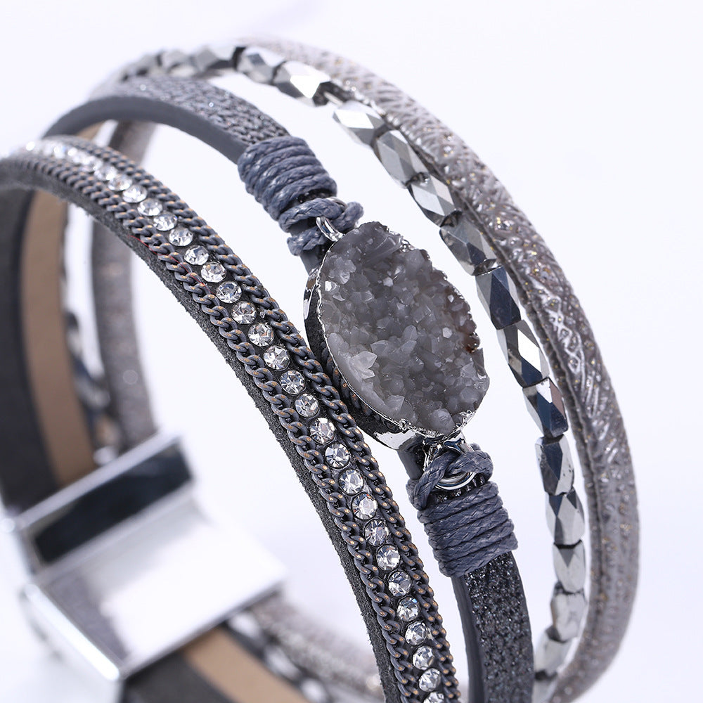 Crystal embellished diamond braided leather bracelet with magnetic clasp ACC-BT-Hongx002