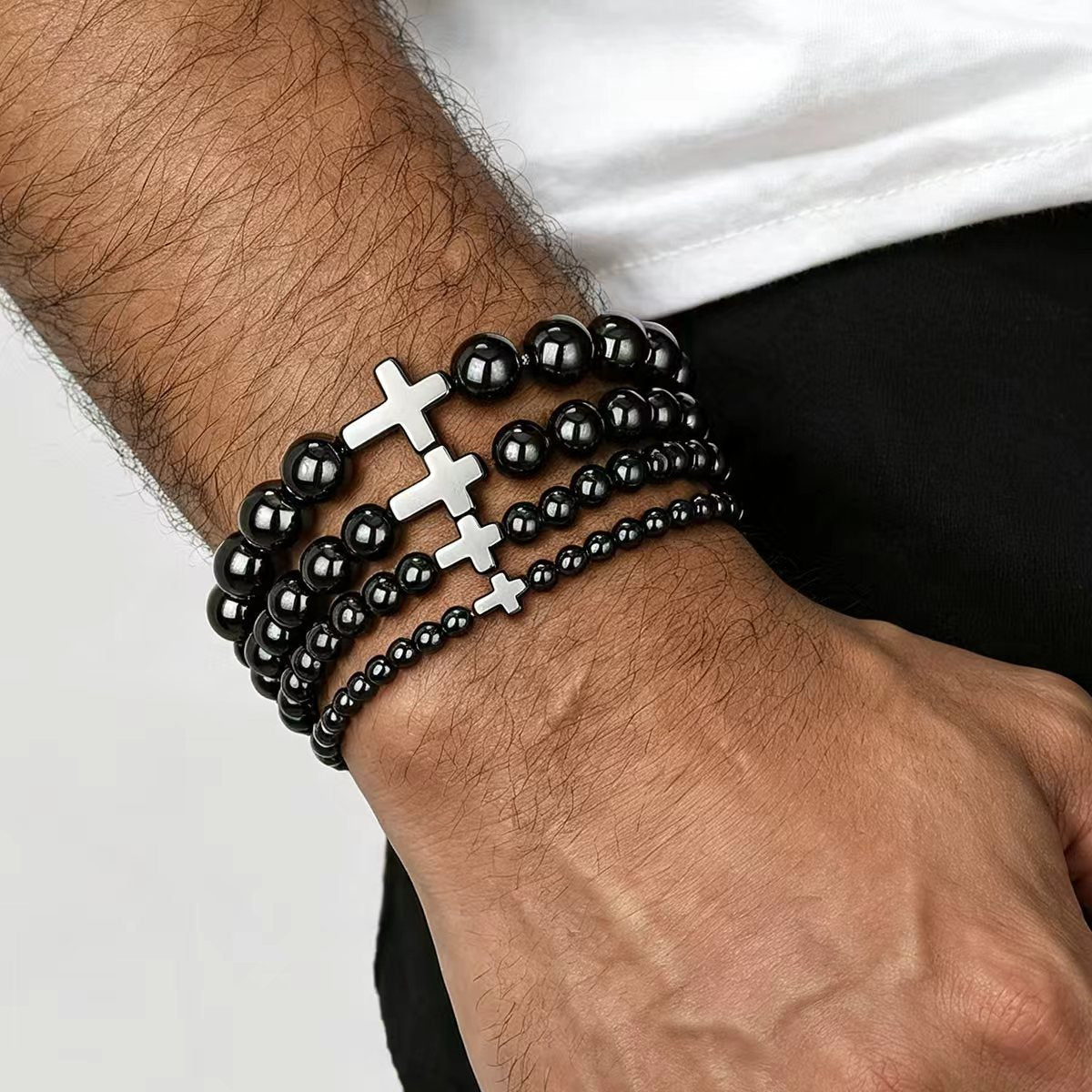 Wholesale Cross Bead Bracelet Black Stone Unisex Elastic Adjustable Fashion Accessory Gift