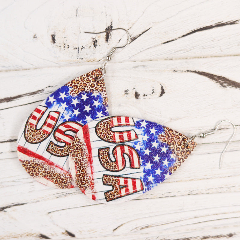 Wholesale Independence Day Sunflower Horse Eagle Leopard Print Cross Lips Love Heart Women Leather Earrings