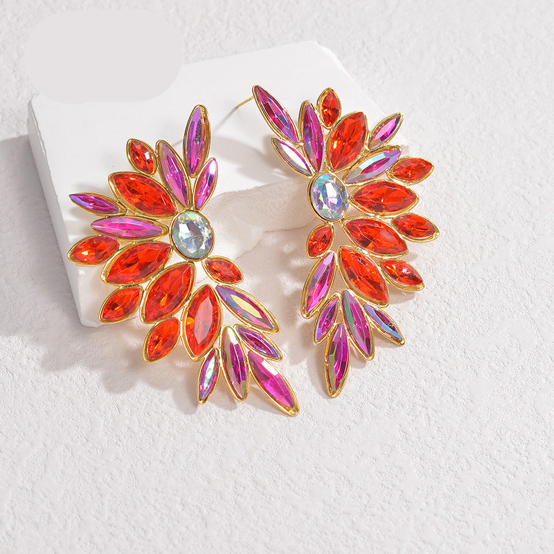 Wholesale exaggerated full diamond symmetrical leaf earrings