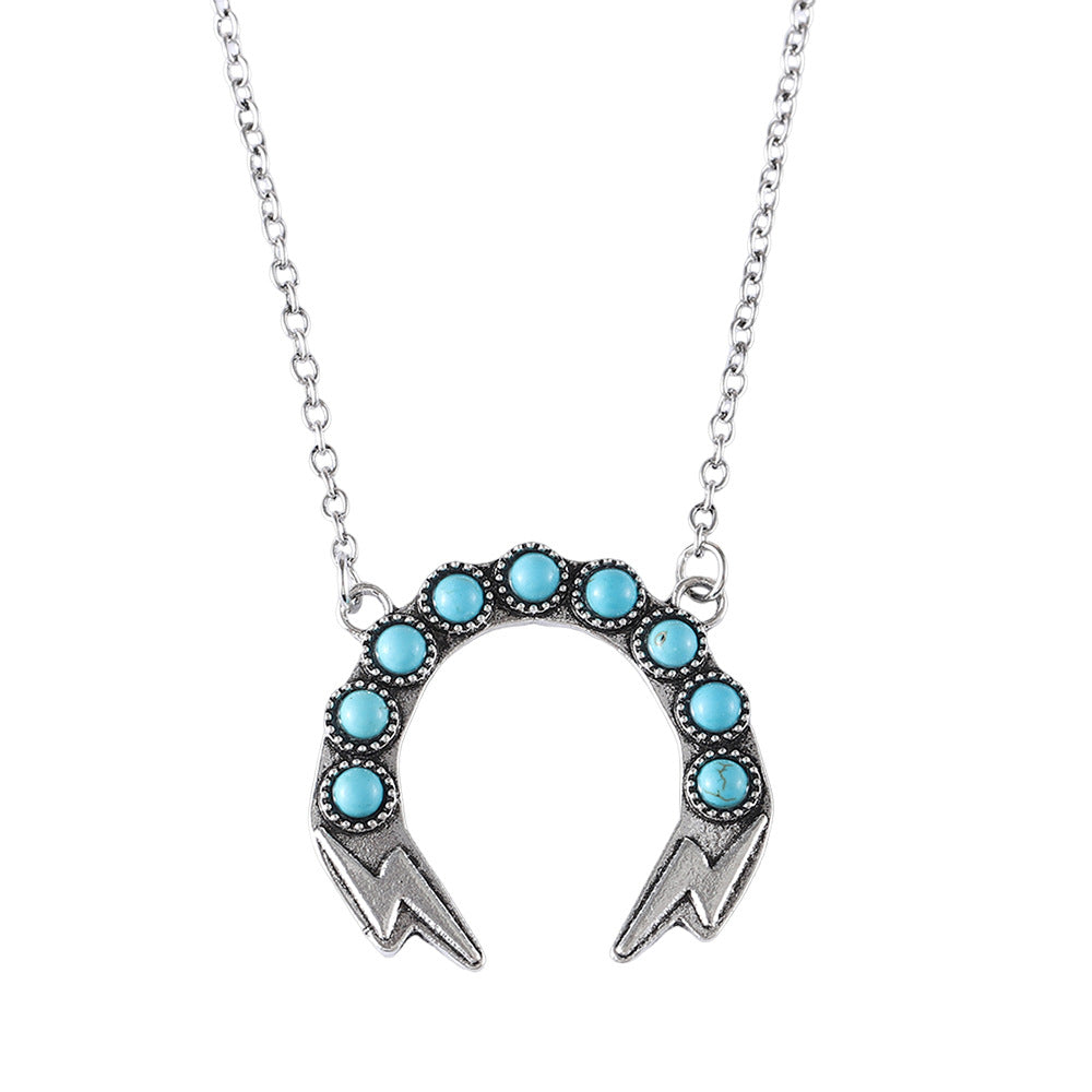 Wholesale Bohemian Style Turquoise Lightning Inlay Necklace Retro Zinc Alloy Electroplated Jewelry Accessory Boutique Resale