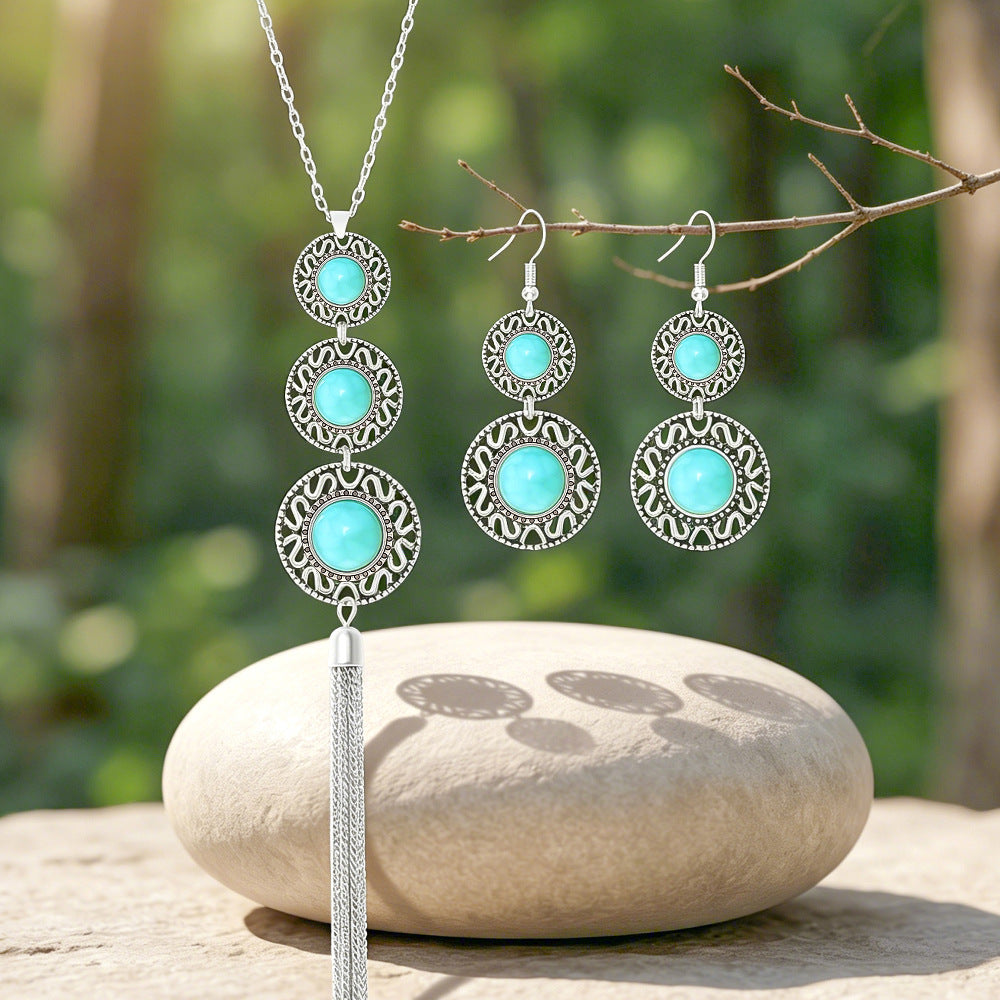Wholesale Turquoise Ethnic Geometric Long Necklace &  Earrings Set - Boutique Jewelry Accessory