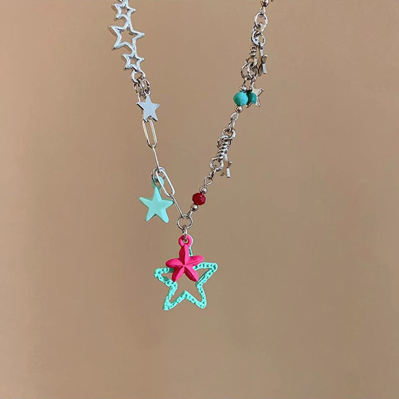 Wholesale Dopamine Pink Green Five-pointed Star Necklace