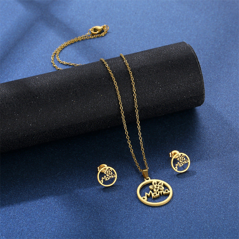 Wholesale Titanium Steel Pendant Flowers MAMA Stainless Steel Earrings Necklace Set Earrings Set Mother's Day ACC-ES-MinM014