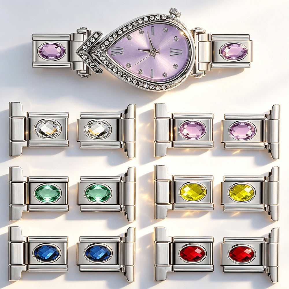 Wholesale Stainless Steel Oval Zircon Watch Connector for DIY Bracelet,  Italian Module Charm,  Jewelry Accessory