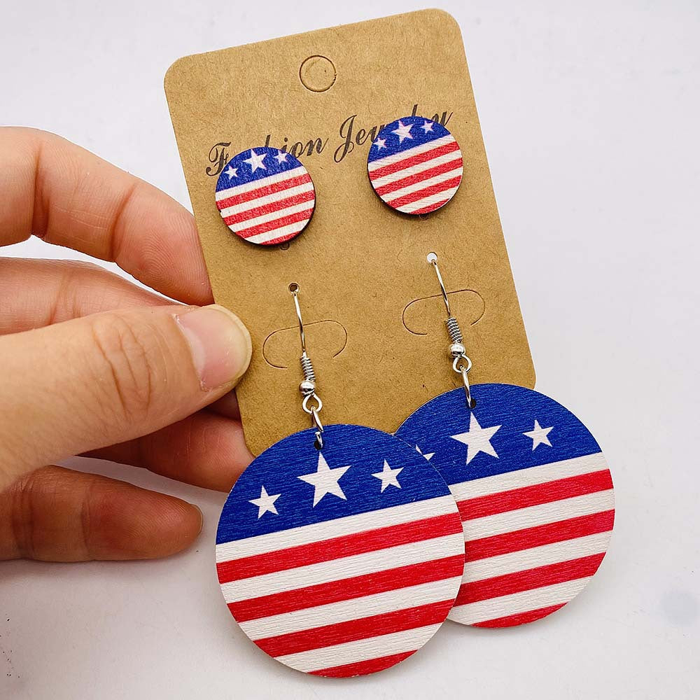 Wholesale Independence Day  American Flag Eagle Round Five-pointed Star Printed Wooden Earrings