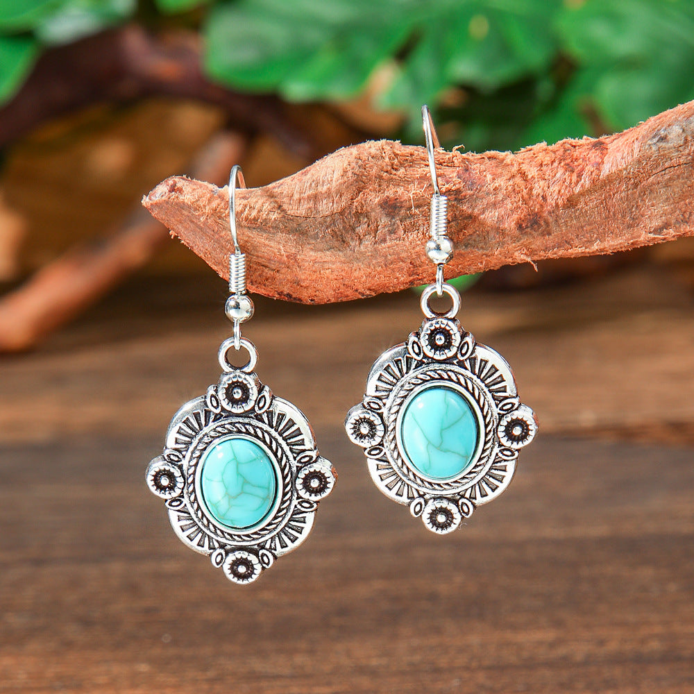 Wholesale Ethnic Style Turquoise Drop Earrings Zinc Alloy Electroplated Boutique Jewelry Accessory