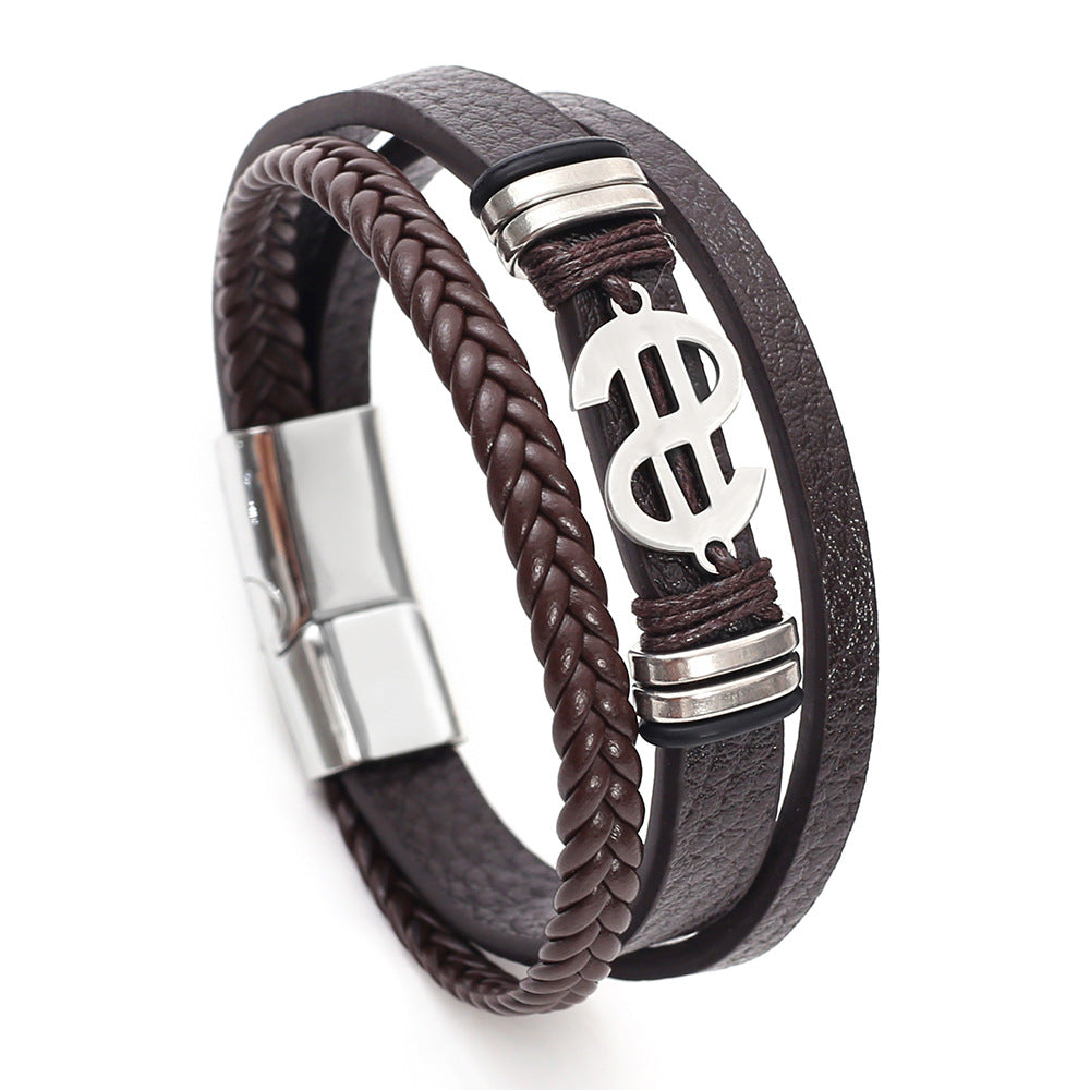 Wholesale Stylish Multi Layer Woven Faux Leather Bracelet For Men Punk Style With Titanium Steel Buckle Unisex Jewelry Accessory