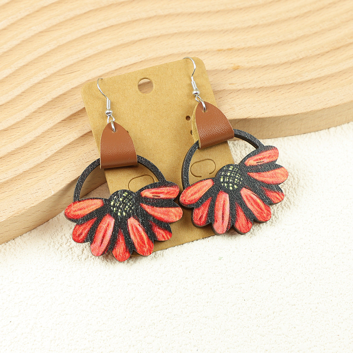 Wholesale Sports Sunflower Flower Baseball Bow Leather Wooden  Earrings