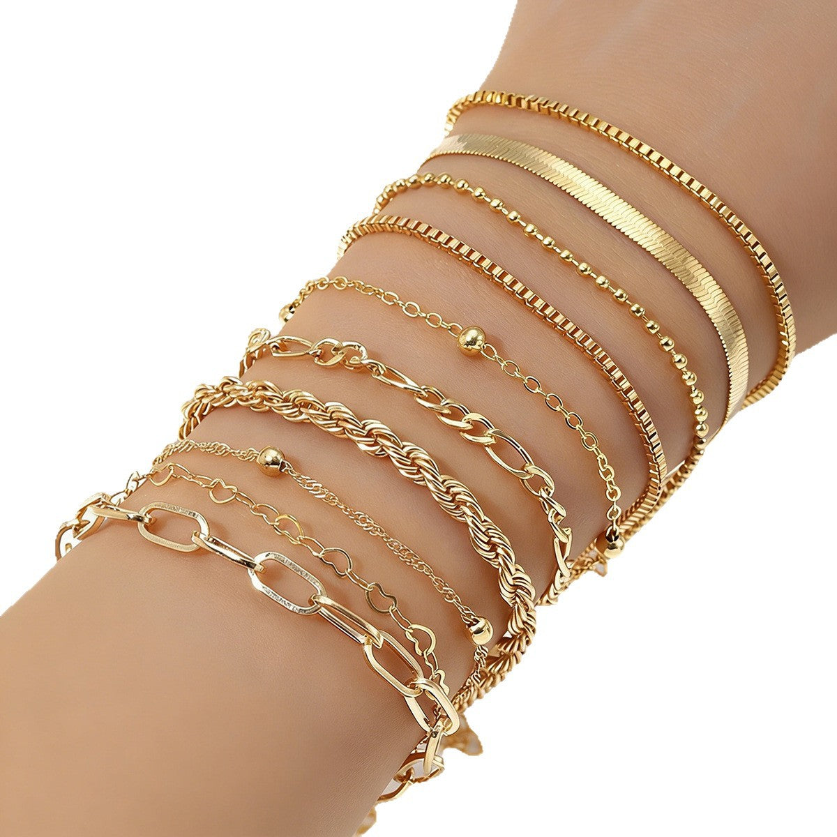 Wholesale 10 Pcs Women S Gold Tone Cuban Chain Layered Bracelet Set Electroplated Heart Design Fashion Jewelry Gift