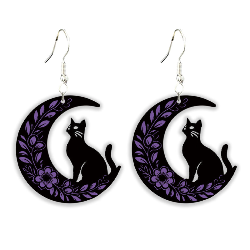 Wholesale 2 pairs/pack  Halloween Gothic Style Dark Moth Crow Black Cat Moon Wooden Skull Mushroom Earrings