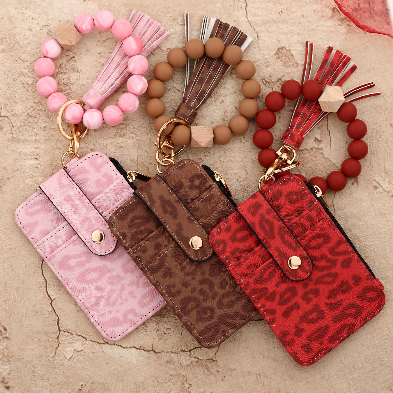Wholesale PU leather and silicone bead bracelet leopard print wallet and keychain