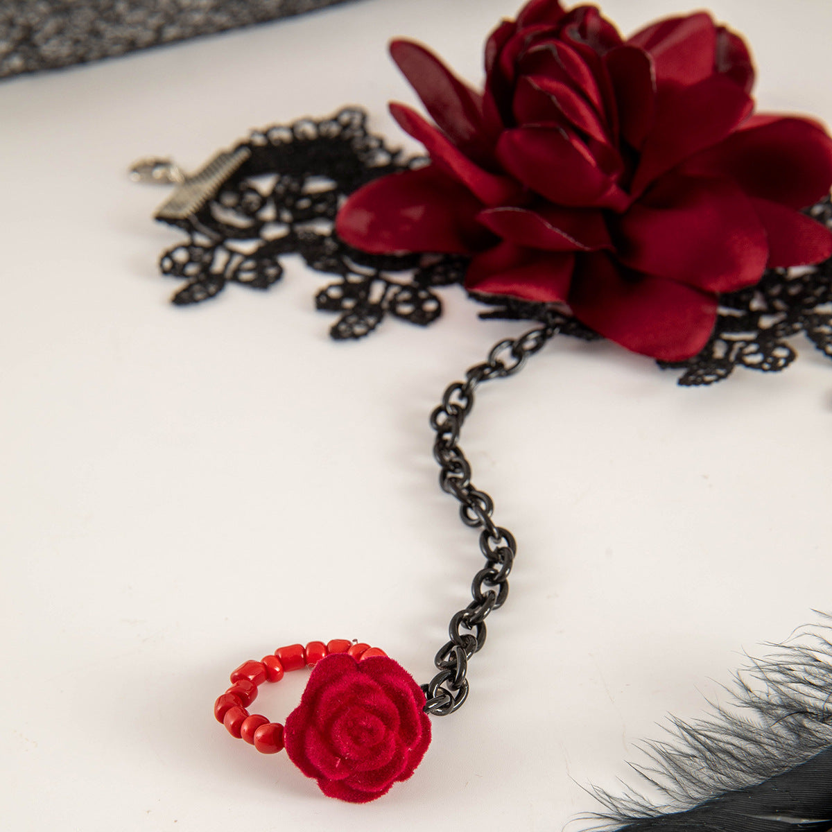 Wholesale  Gothic Style Rose Big Flower Lace Finger Chain Bracelet