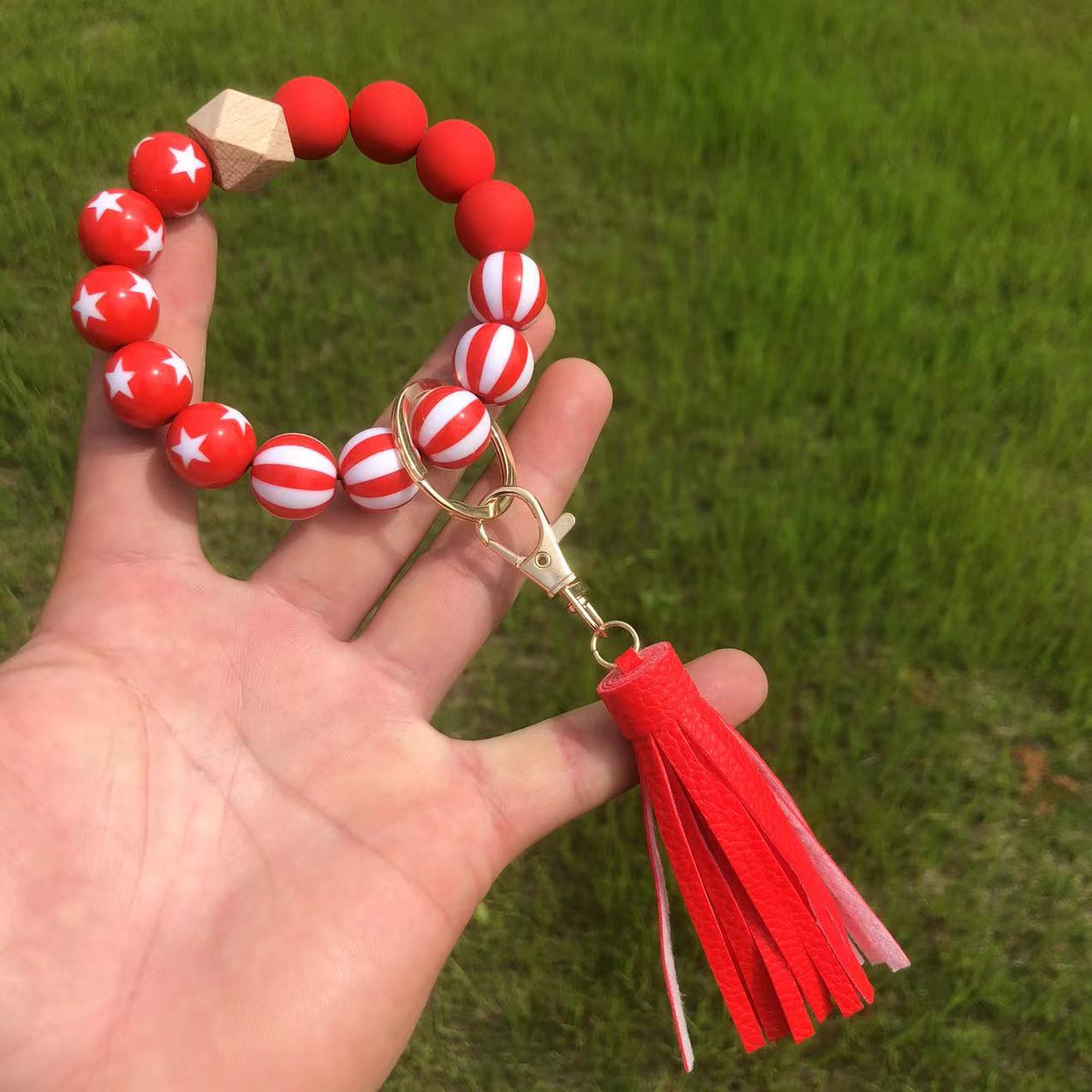 Wholesale American Independence Day Wooden Beads Tassel Wristlet Keychain ACC-KC-QiuXue013