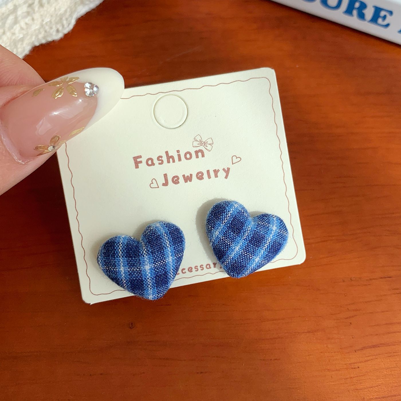 Wholesale Retro colorful fabric plaid five-pointed star heart earrings silver needle literary design earrings