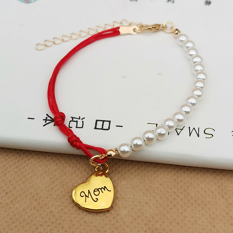 Wholesale  Spliced Pearl Red Rope Mother's day Bracelet