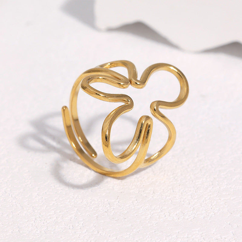 Wholesale Stainless Steel Hollow Flower Open Ring Adjustable Steel Tone Design Trendy Jewelry Accessory For Women Boutique Resale Everyday Wear