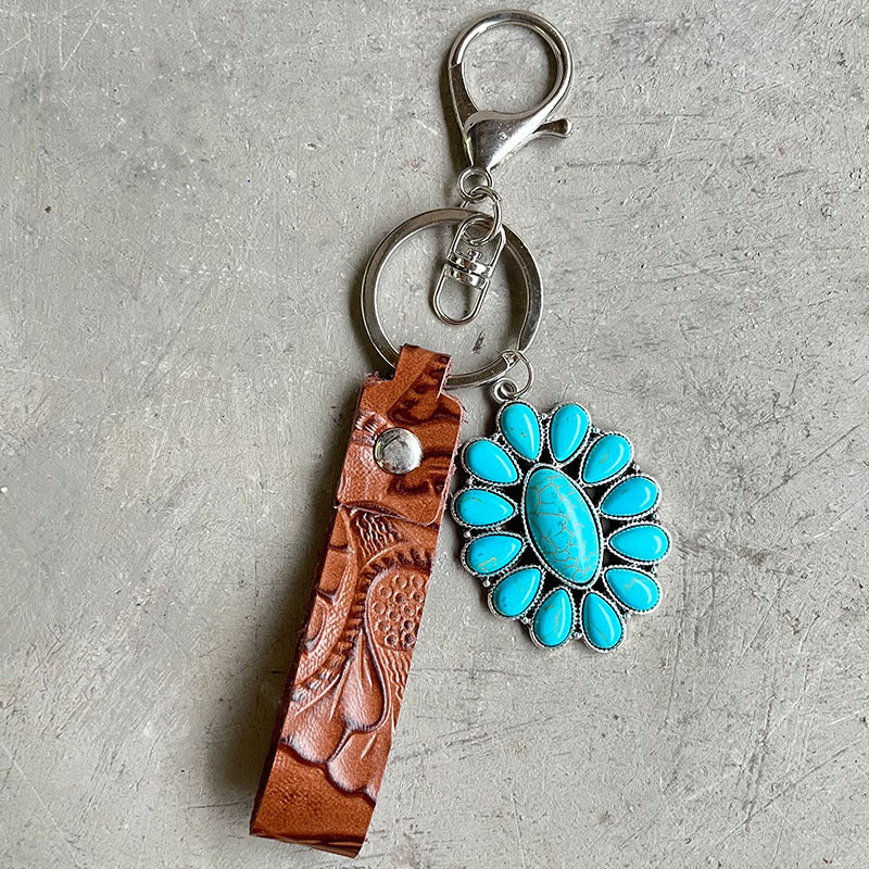 Wholesale Embossed Cowhide Leather Keychain With Turquoise Pumpkin Pendant Western Retro Style Key Ring Fashion Accessory