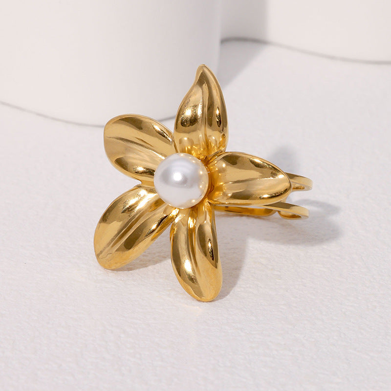 Wholesale all-match flower pearl stainless steel ring