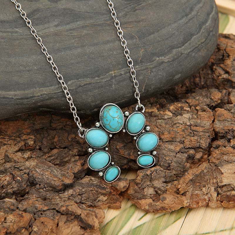 Wholesale Silver Alloy Turquoise Drop Pendant Bohemian Retro U-Shape Collarbone Necklace Gift Jewelry Accessory