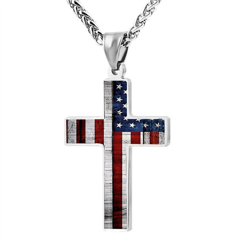 Wholesale American Independence Day Flag Cross Stainless Steel Necklace ACC-NE-MS020