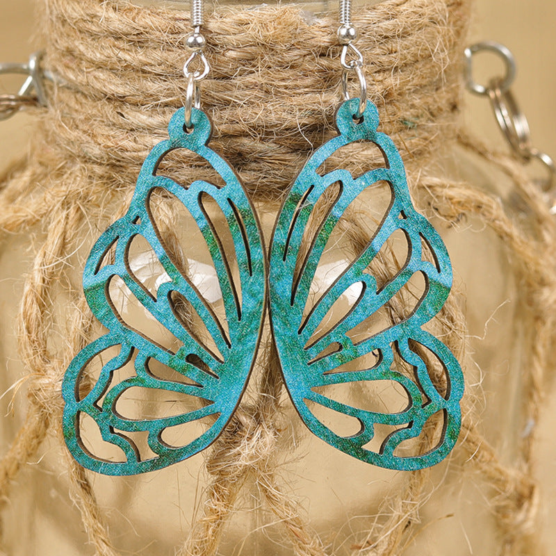 Wholesale Symmetrical Exquisite Butterfly Wings Hollow Tie-Dye Gradient  Wooden Earrings
