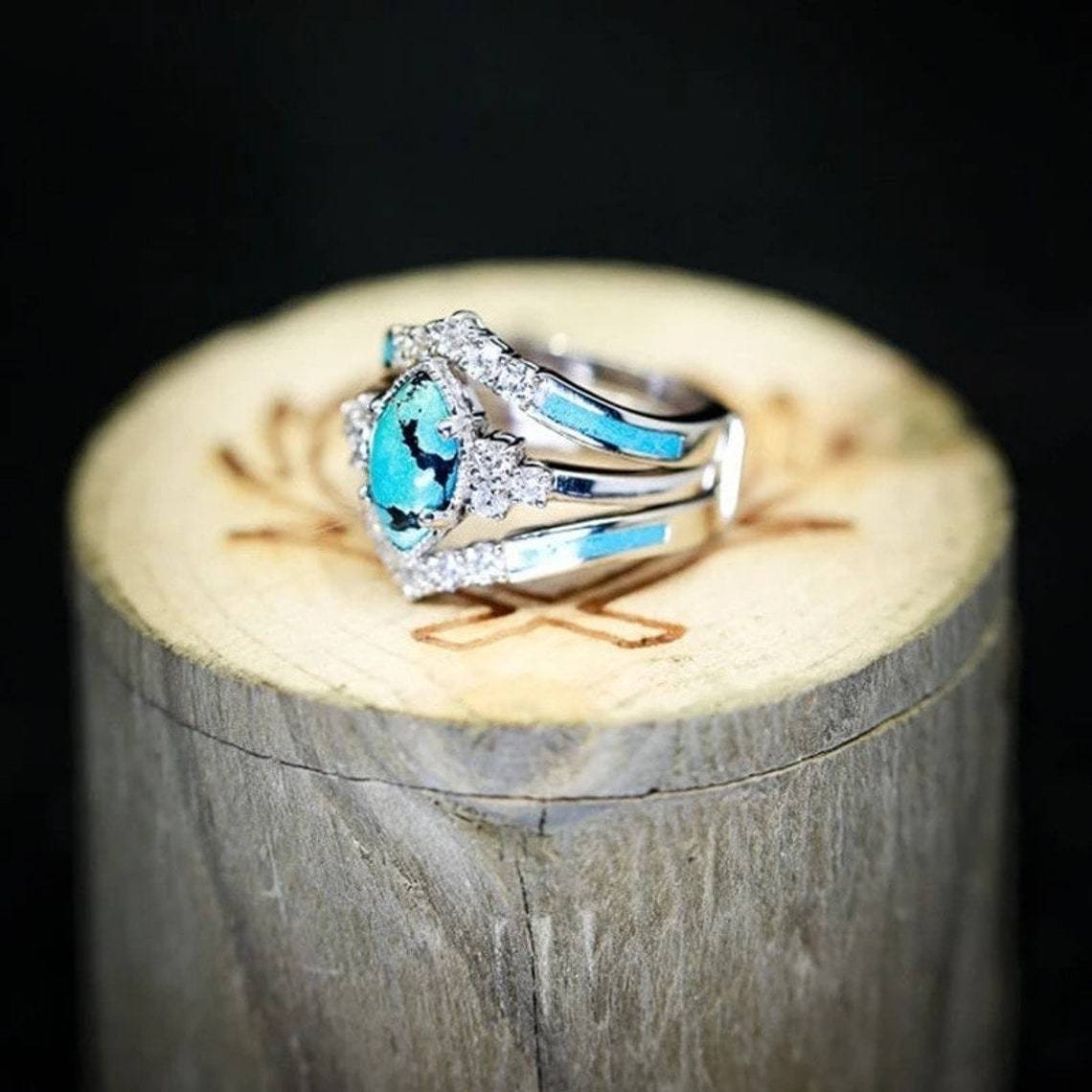 Wholesale retro diamond blue turquoise three-piece ring