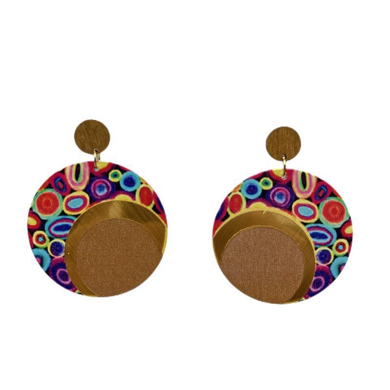 Wholesale Wooden Printed Round Colorful Large Earrings ACC-ES-FX016