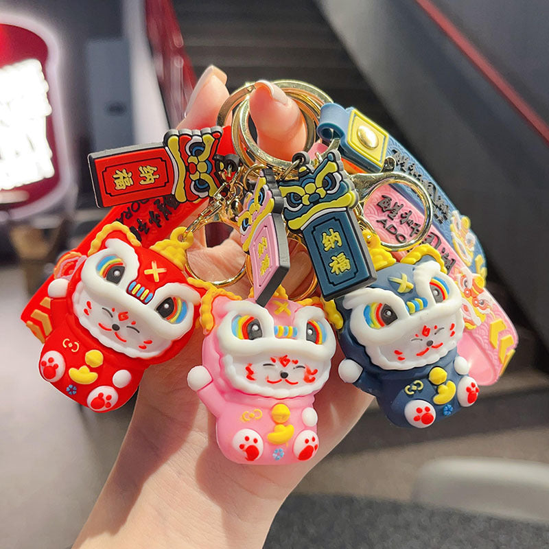 Wholesale Trendy Lion Dance Lucky Cat 3D PVC Keychain Cartoon Bag Car Hanging Ornament Decorative Gift Resale