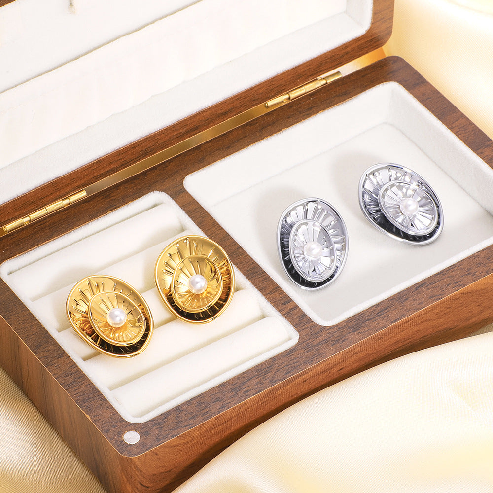 Wholesale double leaf geometric inlaid pearl stainless steel lotus leaf texture 18K gold earrings