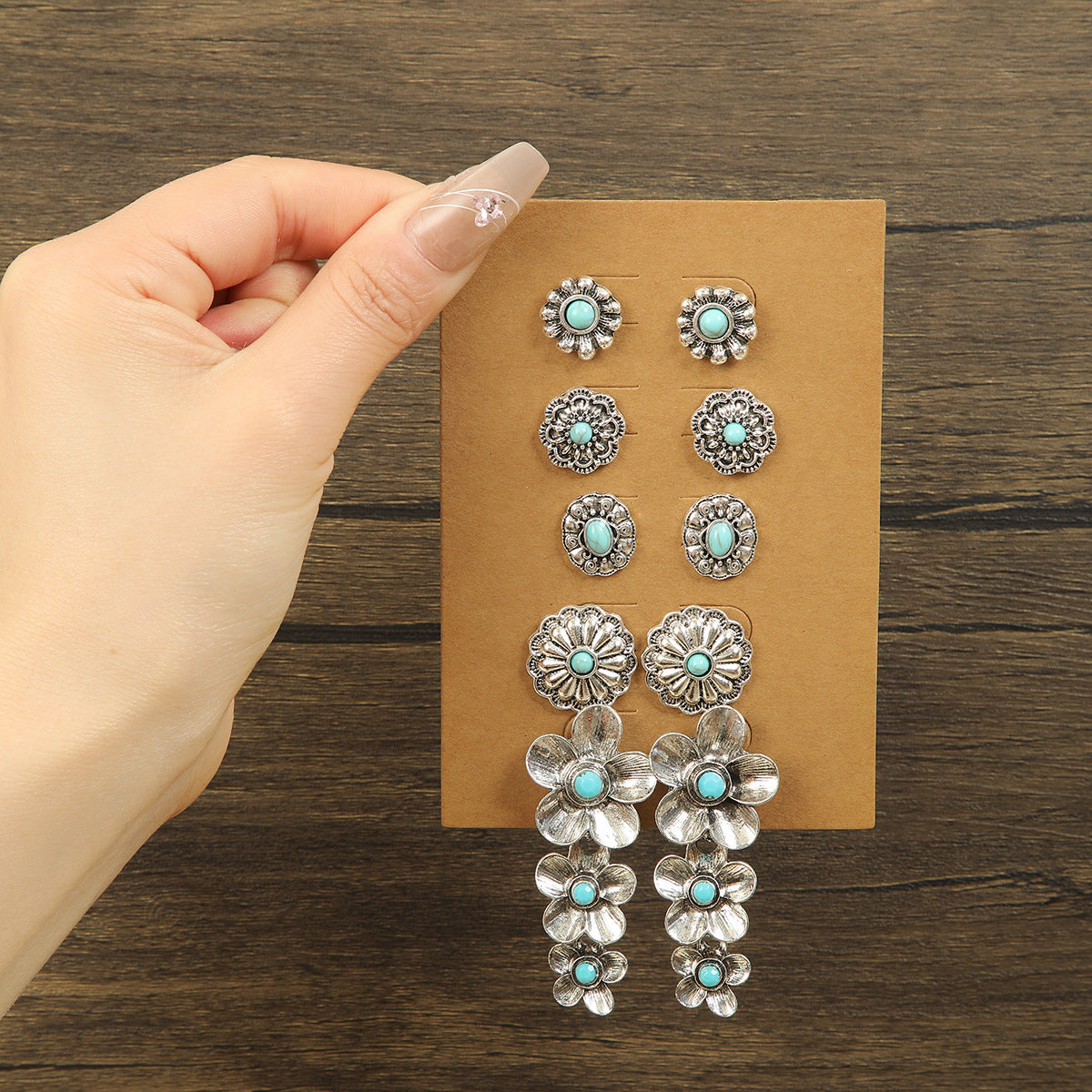 Wholesale 5 pairs of vintage rice ethnic tourist attractions photo red turquoise flower tassel suit earrings