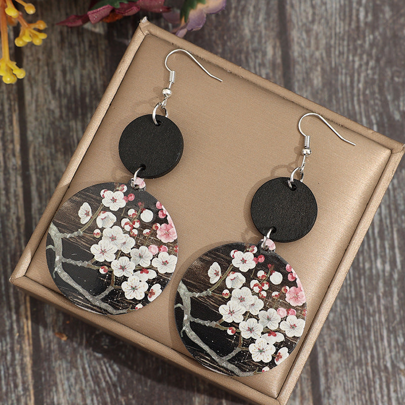 Wholesale Round printed plum blossom patchwork small disc acrylic earrings
